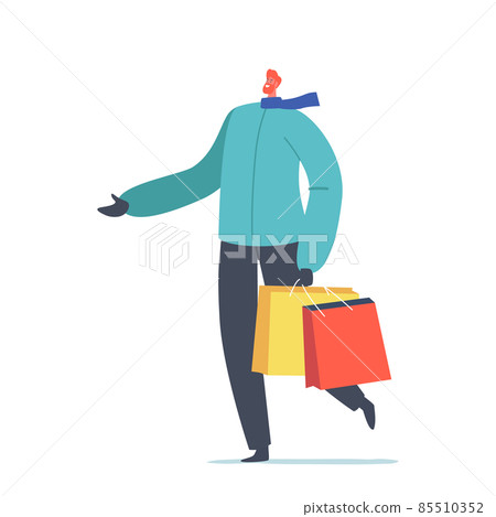 Male Carry Presents in Bags for Christmas and Winter Holidays Celebration. Happy Man with Gifts in Colorful Pack 85510352