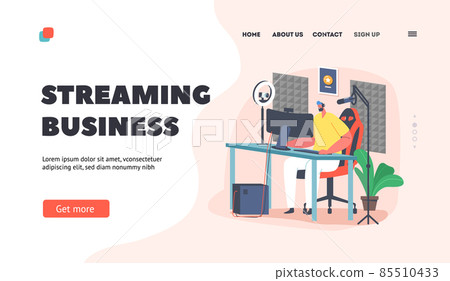 Streaming Business Landing Page Template. Male Character Wear Headset Sit at Professional Desktop. Gamer Playing Games 85510433