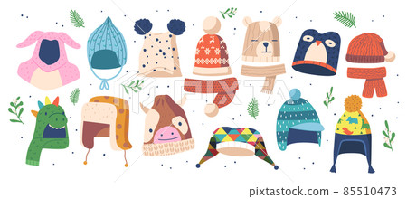 Set Children Hats for Winter Season, Knitted and Textile Caps for Girls or Boys Isolated on White Background, Headwear 85510473