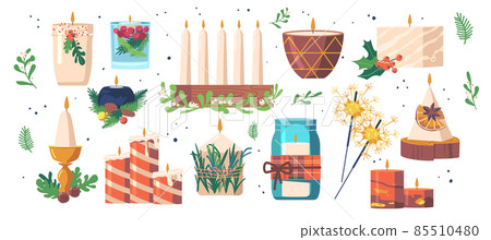 Set of Handmade Christmas Candles, Isolated Design Elements on White Background. Xmas Decor for Winter Holidays 85510480
