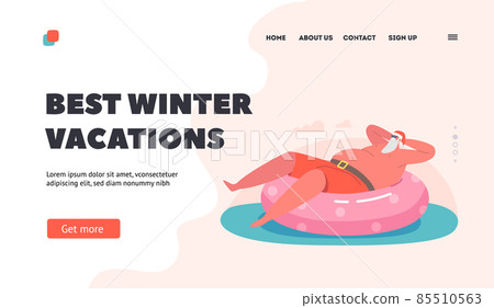 Best Winter Vacations Landing Page Template. Relaxed Santa Claus Character Floating Inflatable Ring in Swimming Pool Best Winter Vacations Landing Page Template. Relaxed Santa Claus Character Floating Inflatable Ring in Swimming Pool 85510563