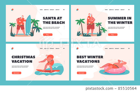 Santa Claus on Vacation Landing Page Template Set. Christmas Character Traveling to Tropical Resort Surfing in Ocean Santa Claus on Vacation Landing Page Template Set. Christmas Character Traveling to Tropical Resort Surfing in Ocean 85510564