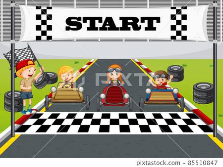 Soapbox derby scene with children racing car 85510847