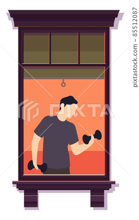 Neighbor exersizing at morning. Building window view 85512087