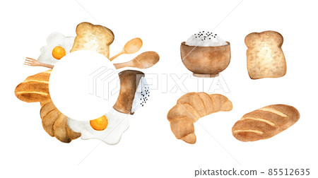 Hand drawn breakfast circle frame illustration. Bread, fried egg and rice in bowl drawing. Watercolor illustration. 85512635
