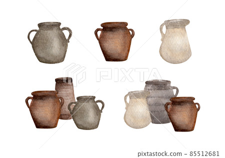 Set of Brown empty flower pot. Watercolor illustration. Set of Brown empty flower pot. Watercolor illustration. 85512681