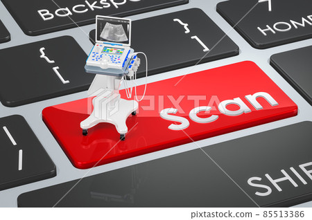 Scan button, medical ultrasound diagnostic machine, scanner on keyboard. 3D rendering Scan button, medical ultrasound diagnostic machine, scanner on keyboard. 3D rendering 85513386