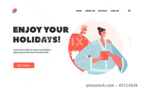 Enjoy your Holidays Landing Page Template. Young Man and Woman Enjoying Cup of Tea or Coffee. Characters Relax Enjoy your Holidays Landing Page Template. Young Man and Woman Enjoying Cup of Tea or Coffee. Characters Relax 85514926