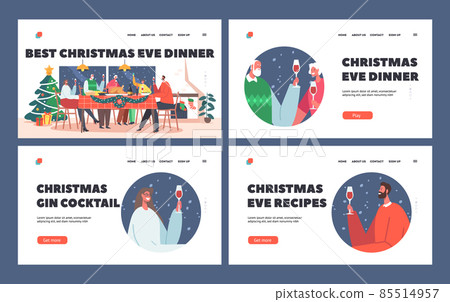 Christmas Night Dinner Landing Page Template Set. Family Toasting with Wine at Xmas at Home Sit at Table in Room Christmas Night Dinner Landing Page Template Set. Family Toasting with Wine at Xmas at Home Sit at Table in Room 85514957