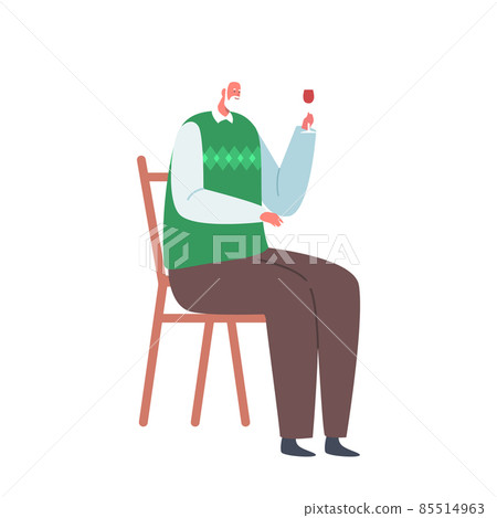 Senior Male Character Sitting on Chair Holding Wineglass in Hand Isolated on White Background. Aged Person Celebrate 85514963