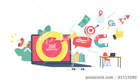 360 Degree Marketing Concept. Laptop with Turning Arrow and Media Icons Flying Out of Screen, Shopping Cart 360 Degree Marketing Concept. Laptop with Turning Arrow and Media Icons Flying Out of Screen, Shopping Cart 85515090