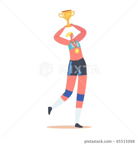 Sport Success Celebration Concept. Sportive Female Character Wear Uniform and Medal Celebrate Victory Holding Golden Cup 85515098