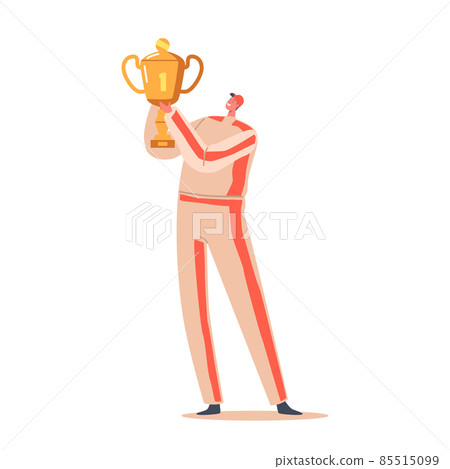 Sportsman with Gold Goblet Isolated on White Background. Sportive Male Character Celebrate Victory Holding with Cup 85515099