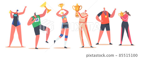 Champion, Winner, Victory Concept. Young Smiling Happy Sportsmen and Sportswomen Characters Holding Golden Trophy 85515100