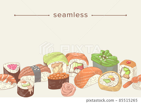 Doodle Seamless Pattern with Japanese Sushi and Rolls, Colorful Etching Frame, Asian Food Hand Drawn Border with Rice 85515265