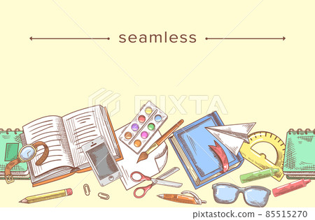 Seamless Pattern with School Stuff, Doodle Hand Drawn Border with Stationery, Paints, Notebook and Glasses. Sketch Frame Seamless Pattern with School Stuff, Doodle Hand Drawn Border with Stationery, Paints, Notebook and Glasses. Sketch Frame 85515270