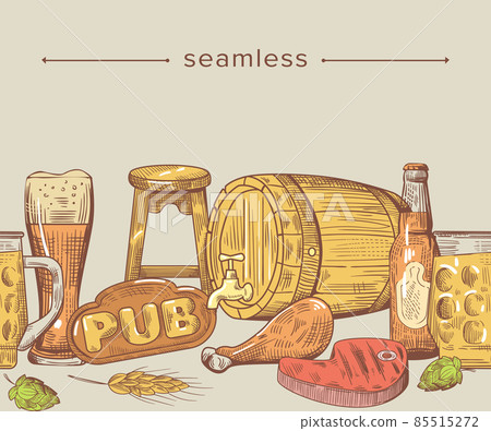 Doodle Seamless Pattern with Pub Food, Beer, Fish Steak, Chicken Drum, Hop Buds and Wheat Ears near Wooden Barrel Doodle Seamless Pattern with Pub Food, Beer, Fish Steak, Chicken Drum, Hop Buds and Wheat Ears near Wooden Barrel 85515272