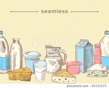 Seamless Pattern with Milk and Dairy Farm Food Products. Hand Drawn Border, Sketch Frame with Engraved Elements Seamless Pattern with Milk and Dairy Farm Food Products. Hand Drawn Border, Sketch Frame with Engraved Elements 85515273