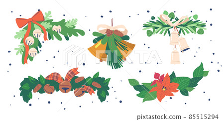 Set of Winter Garlands of Berries, fir Tree Branches and Leaves. Decorative Elements of Pine Branches, Bells, Bows 85515294