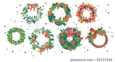 Set of Christmas Tree Wreaths, Isolated Winter Decoration of Plants, Berries and Leaves, Toys, Fir or Pine Branches 85515298