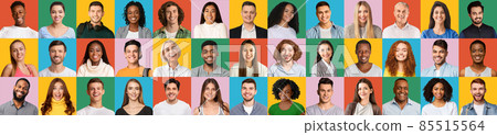 Happy multiracial people faces on diverse backgrounds, collage Happy multiracial people faces on diverse backgrounds, collage 85515564