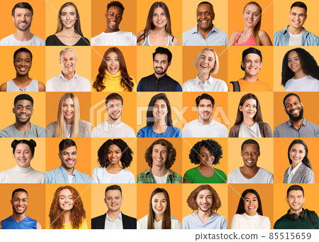 Multiracial people posing on orange studio backgrounds, collection of portraits 85515659