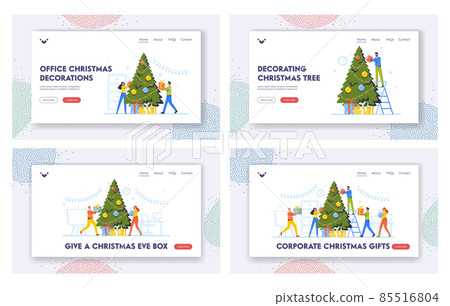 Corporate Christmas Gift Landing Page Template Set. Happy Business Characters Decorate Christmas Tree Together in Office Corporate Christmas Gift Landing Page Template Set. Happy Business Characters Decorate Christmas Tree Together in Office 85516804