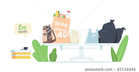 Plastic and Eco Friendly Bags on Scales Bowls in Supermarket Interior with Cashier Desk. Ecology Protection, Pollution Plastic and Eco Friendly Bags on Scales Bowls in Supermarket Interior with Cashier Desk. Ecology Protection, Pollution 85516848