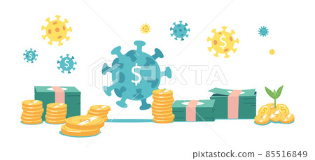 Money and Coronavirus Cells Flying around. Piles of Dollar Bills, Golden Coins and Money Tree. Business Opportunities 85516849