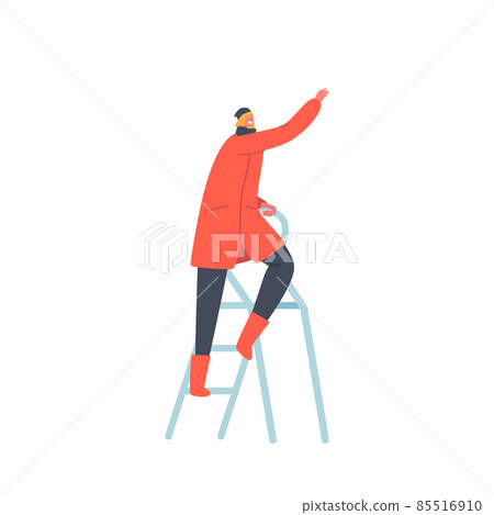 Young Female Character Wear Warm Winter Clothes Stand on Ladder Isolated on White Background. Woman Decorate Xmas Tree Young Female Character Wear Warm Winter Clothes Stand on Ladder Isolated on White Background. Woman Decorate Xmas Tree 85516910