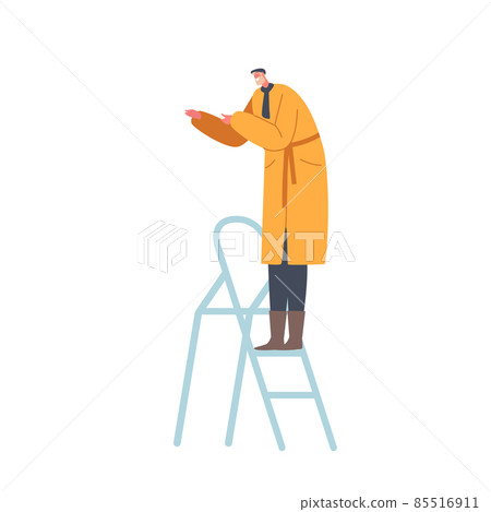 Senior Male Character Wear Warm Winter Clothes Stand on Ladder Isolated on White Background. Man Decorate Christmas Tree 85516911
