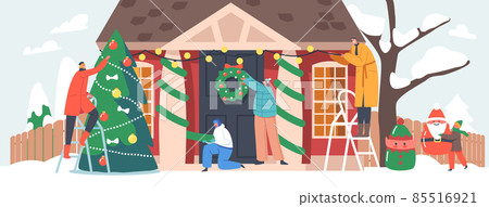 Happy Family Decorate House for Christmas. Parents and Kids Hang Festive Wreath and Spruce Branches on Home Door Happy Family Decorate House for Christmas. Parents and Kids Hang Festive Wreath and Spruce Branches on Home Door 85516921