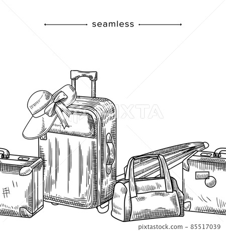Doodle Seamless Pattern with Suitcase, Travel Bag, Beach Umbrella, Luggage and Summer Hat Lying on Baggage, Hand Drawn Doodle Seamless Pattern with Suitcase, Travel Bag, Beach Umbrella, Luggage and Summer Hat Lying on Baggage, Hand Drawn 85517039