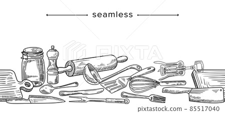 Doodle Seamless Pattern with Kitchen Tools, Hand Drawn Frame with Rolling Pin, Mortar, Knife, Cutting Board, Fork, Whisk 85517040