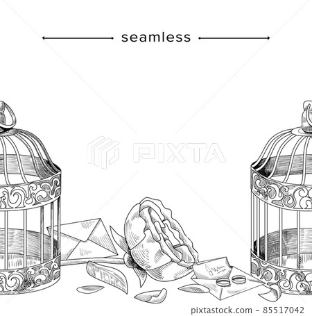 Romantic Doodle Seamless Pattern with Birds Cage, Peony Flower, Engaging Rings and Love Letter in Envelope, Frame Romantic Doodle Seamless Pattern with Birds Cage, Peony Flower, Engaging Rings and Love Letter in Envelope, Frame 85517042