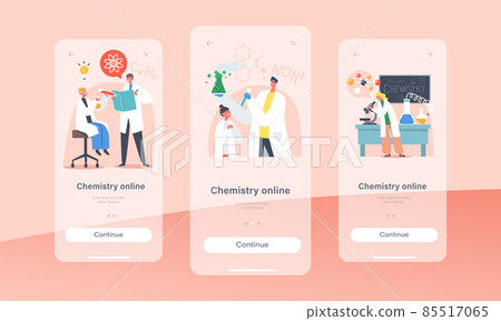 Chemistry Online Mobile App Page Onboard Screen Template. Schoolkids Conduct Experiment in Class. Researchers on Lesson 85517065