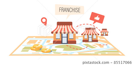 Franchise, Expanding Sme Business Model Concept. Growth Brand Chain Store, Franchising System With Shop Buildings on Map Franchise, Expanding Sme Business Model Concept. Growth Brand Chain Store, Franchising System With Shop Buildings on Map 85517066