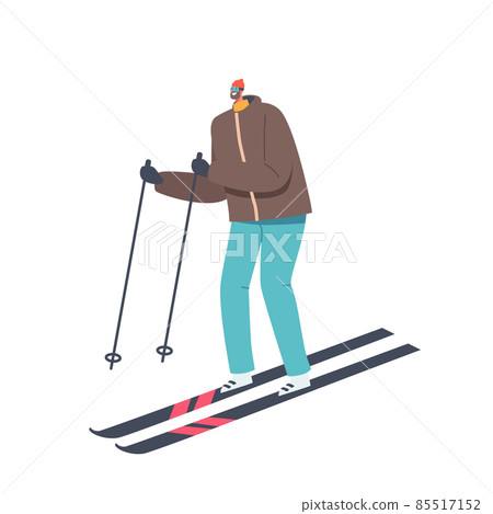 Sport Activity, Lifestyle. Athlete Man in Warm Clothes, Helmet and Sunglasses Skiing Isolated on White Background Sport Activity, Lifestyle. Athlete Man in Warm Clothes, Helmet and Sunglasses Skiing Isolated on White Background 85517152