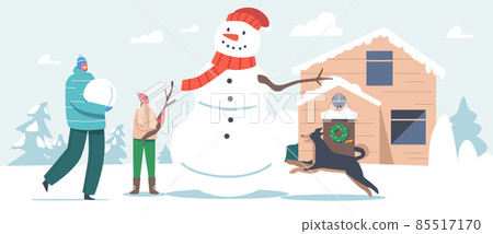 Father, Kid and Dog Winter Snow Games, Holidays Spare Time Recreation, Little Child and Dad Characters Having Fun 85517170