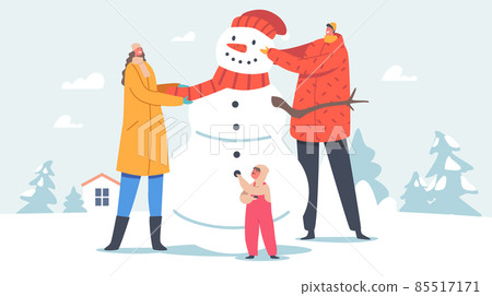 Happy Parents with Children Making Snowman on Nature. Father, Mother and Baby Put Scarf and Hat on Snowman Head 85517171