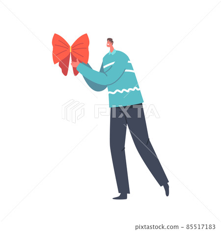 Preparation for Winter Holidays, Merry Christmas and Happy New Year Concept. Male Character Holding Festive Red Bow Preparation for Winter Holidays, Merry Christmas and Happy New Year Concept. Male Character Holding Festive Red Bow 85517183
