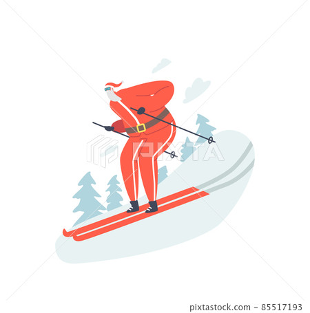 Santa Skier Riding Downhills at Winter Season. Christmas Character Athlete in Red Tracksuit, Hat and Sunglasses Skiing 85517193