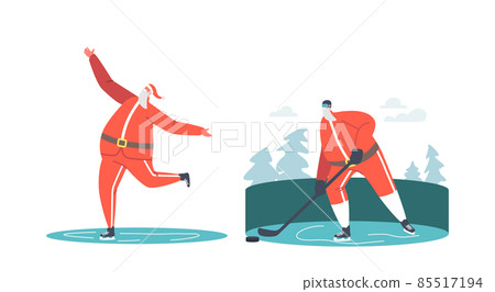 Santa Claus Hockey Player Hitting Puck with Stick and Skating on Ice Rink. Christmas Character Sportsman Activities 85517194