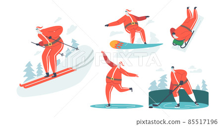 Set Santa Claus Winter Sport Activities Snowboard, Skiing, Sliding, Skating and Hockey Sport, Healthy Lifestyle 85517196