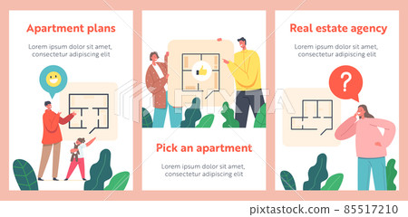 Happy Family Choose Apartment Layout Cartoon Posters. Mother, Father and Kids Discuss New Home Plan with Rooms Happy Family Choose Apartment Layout Cartoon Posters. Mother, Father and Kids Discuss New Home Plan with Rooms 85517210