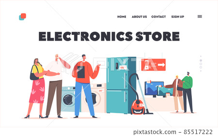 Electronics Store Landing Page Template. Family Buying Household Goods, Couples Purchase Appliances with Consultant 85517222