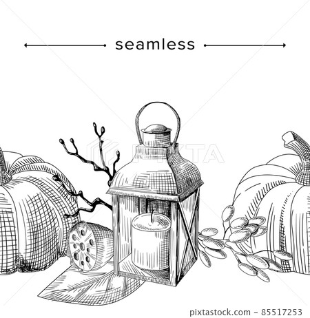Sketch Autumn Composition, Seamless Pattern with Doodle Pumpkin, Candle Lantern, Dry Leaves and Branch, Autumnal Border 85517253