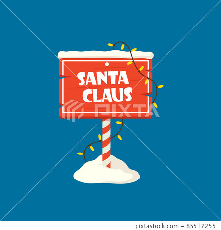 Santa Claus Christmas Billboard, Wooden Signboard Isolated on Blue Background, Sign with Snowdrift and Garlands, Banner 85517255