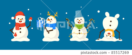 Set of Cute Snowmen Christmas Playful Characters Headstand, Waving Hand, Holding Garland and Gift Box, Snow Men Icons 85517269