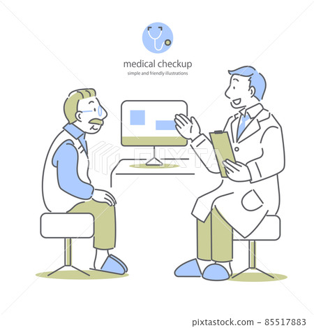 A simple and stylish line drawing illustration by a male doctor explaining to an elderly male patient A simple and stylish line drawing illustration by a male doctor explaining to an elderly male patient 85517883